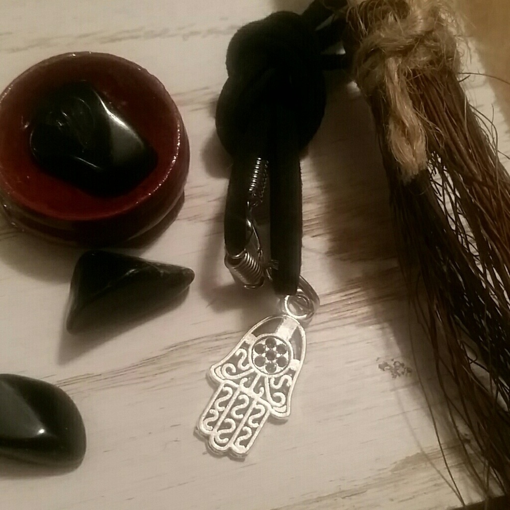 Hamsa charm necklace w black leather cord & bonus protection stones🪬